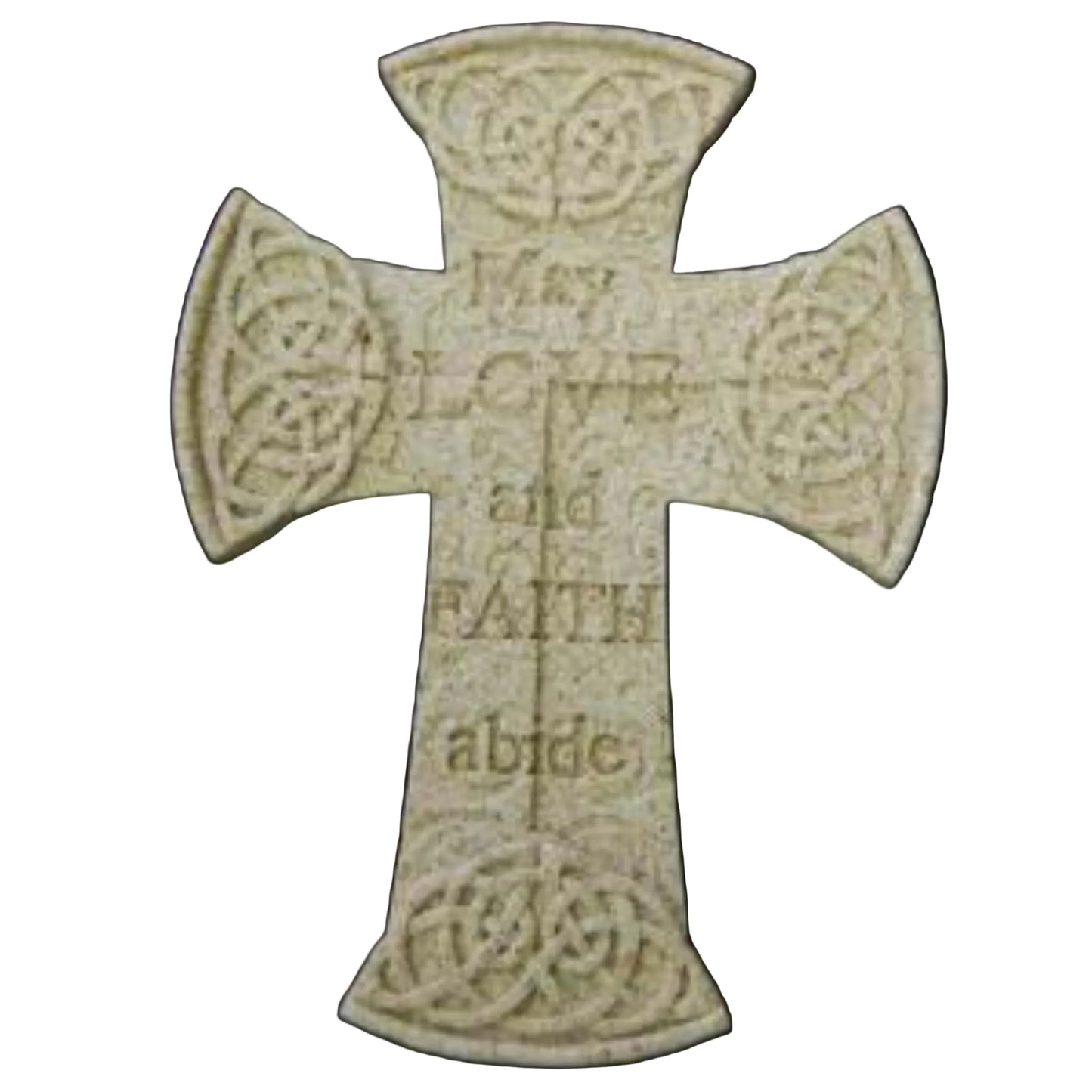 Decorative cross with Celtic patterns and engraved text on a dark background