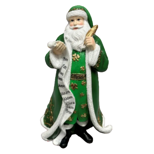 Decorative figure of santa in green clothing checking a list of Celtic names