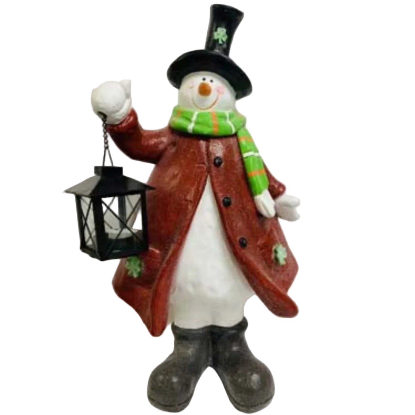 Decorative snowman figurine in a red coat holding a functional lantern