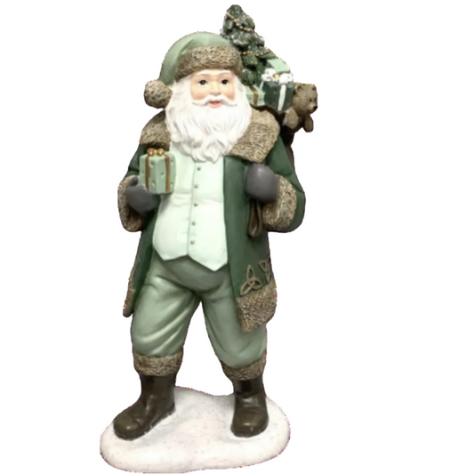Decorative figurine of santa dressed in green carrying a sack of presents.
