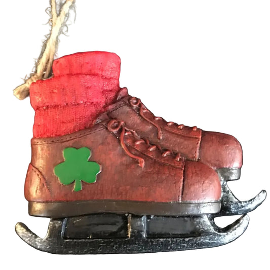 Red ice skate ornament with shamrock detail