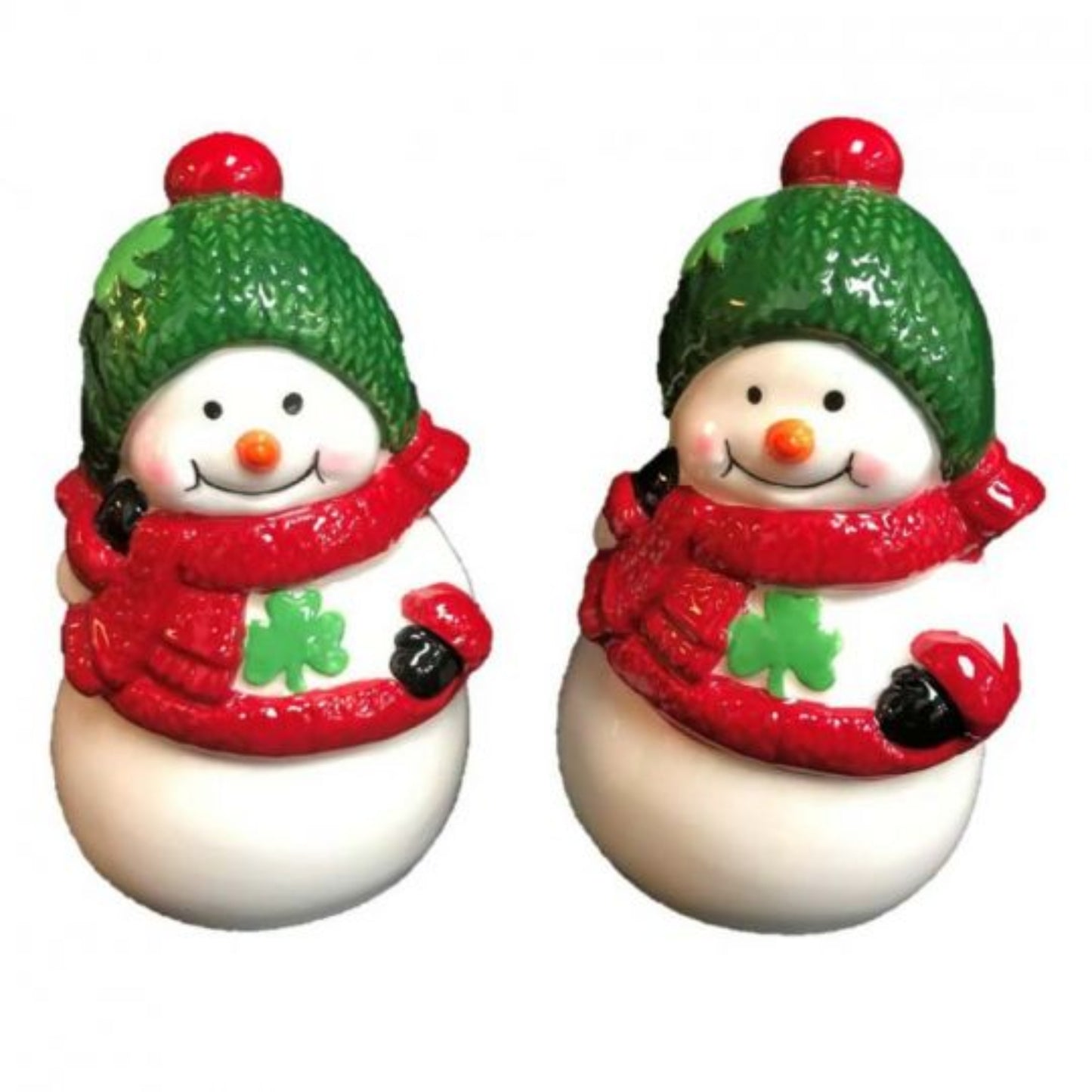 A set of two ceramic salt and pepper shakers shaped like warmly-dressed snowmen.