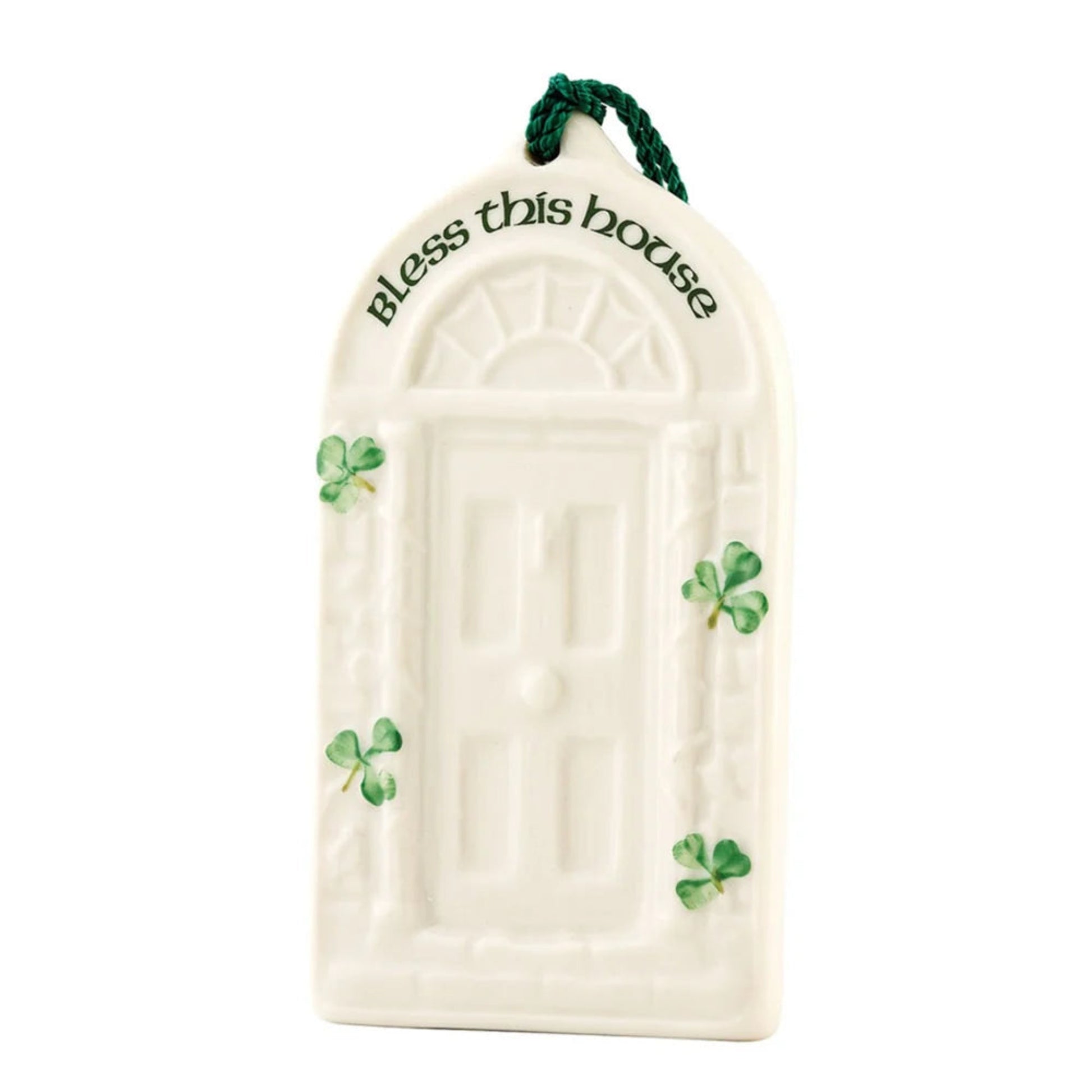 Porcelain door-shaped ornament with painted shamrocks. 