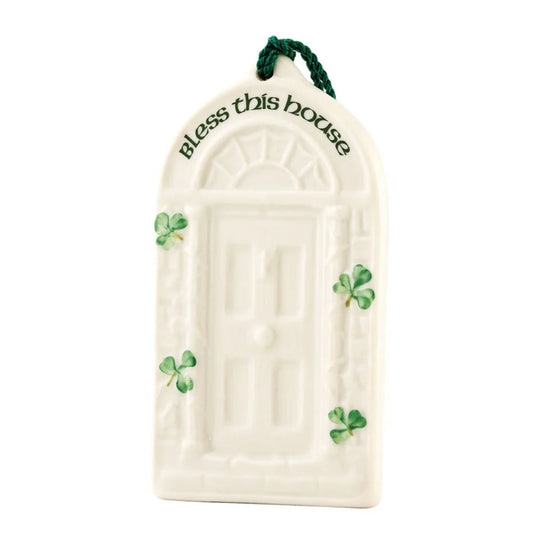 Porcelain door-shaped ornament with painted shamrocks. 