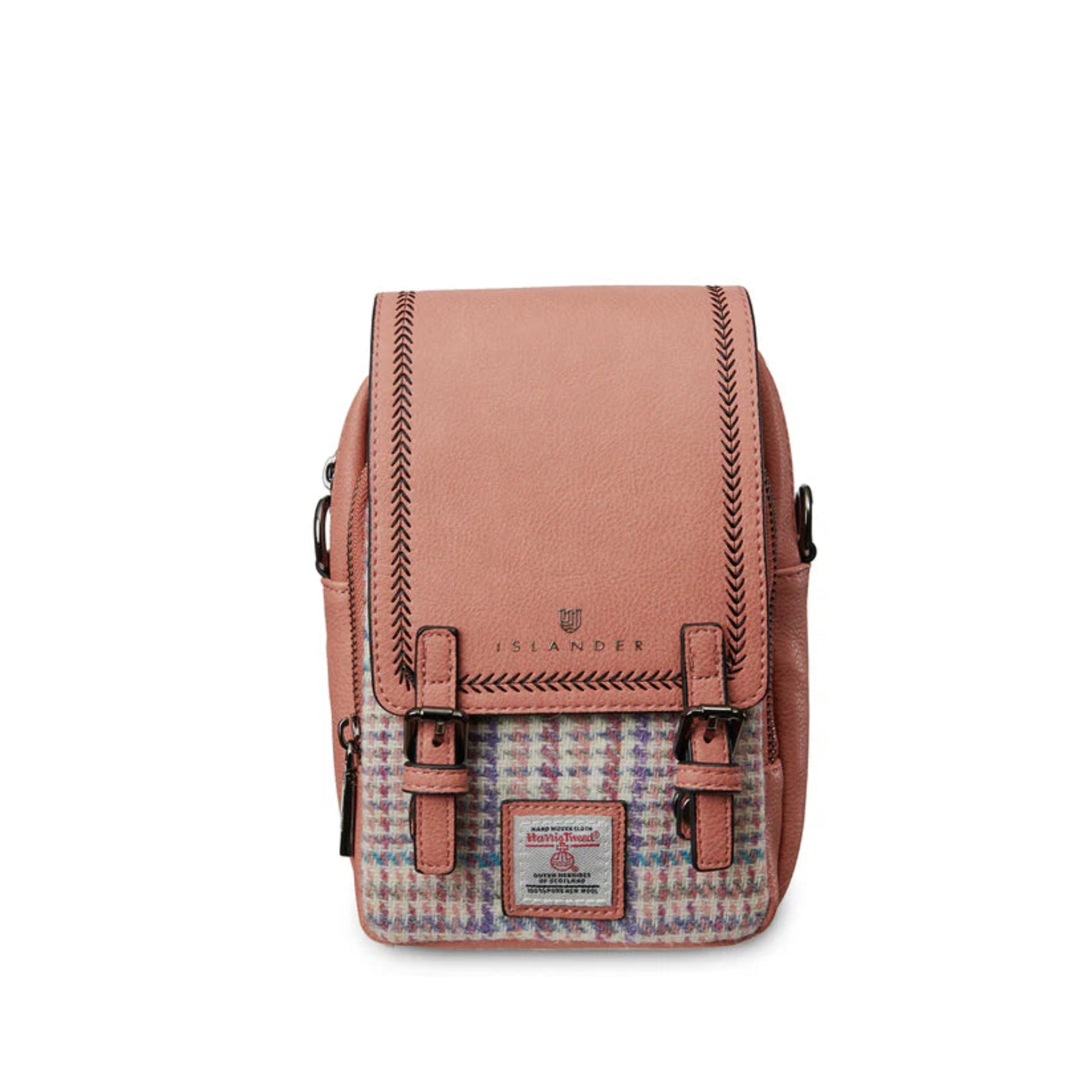 Pink and plaid backpack with 'Islander' branding on a white background