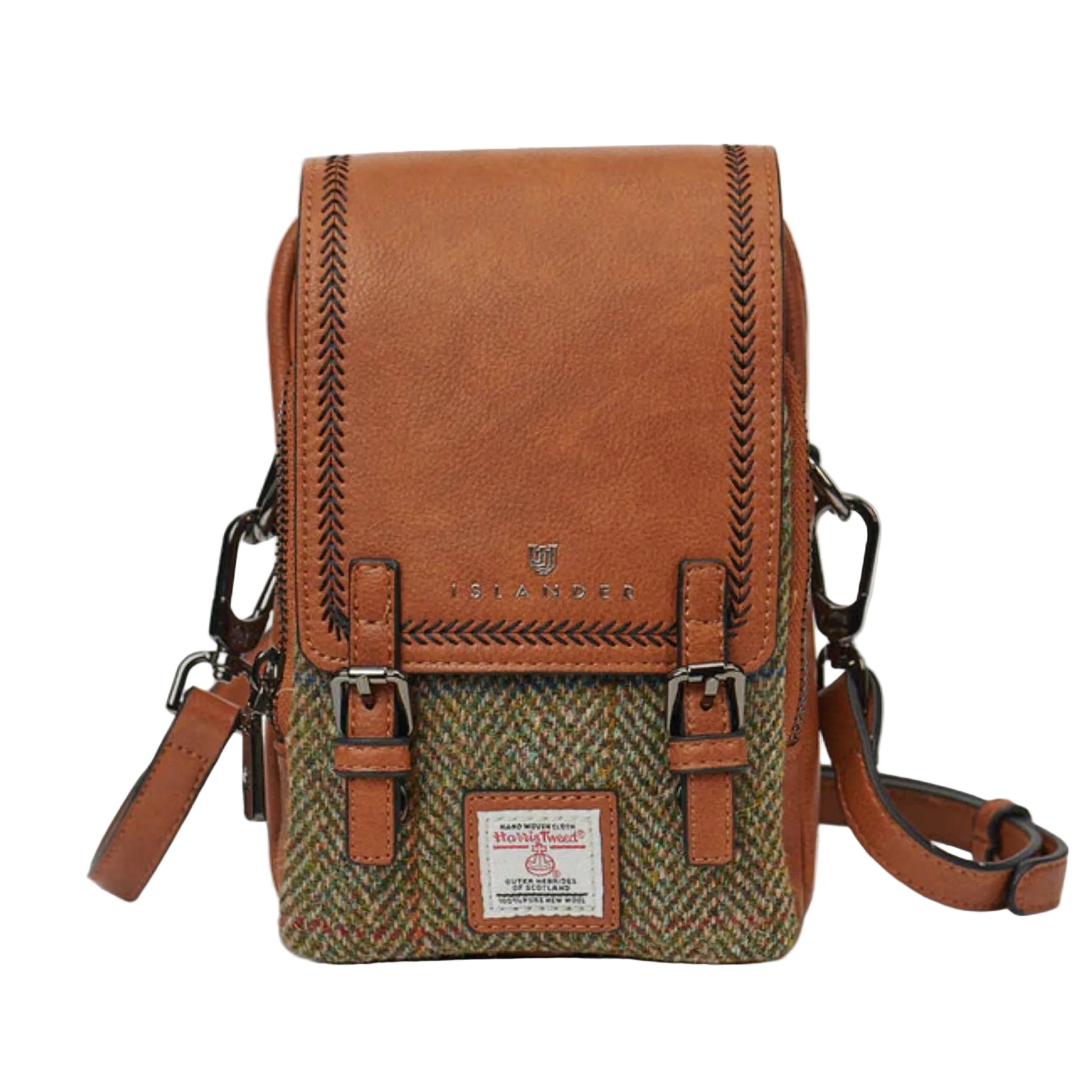 Brown leather crossbody bag with a visible brand logo on a white background