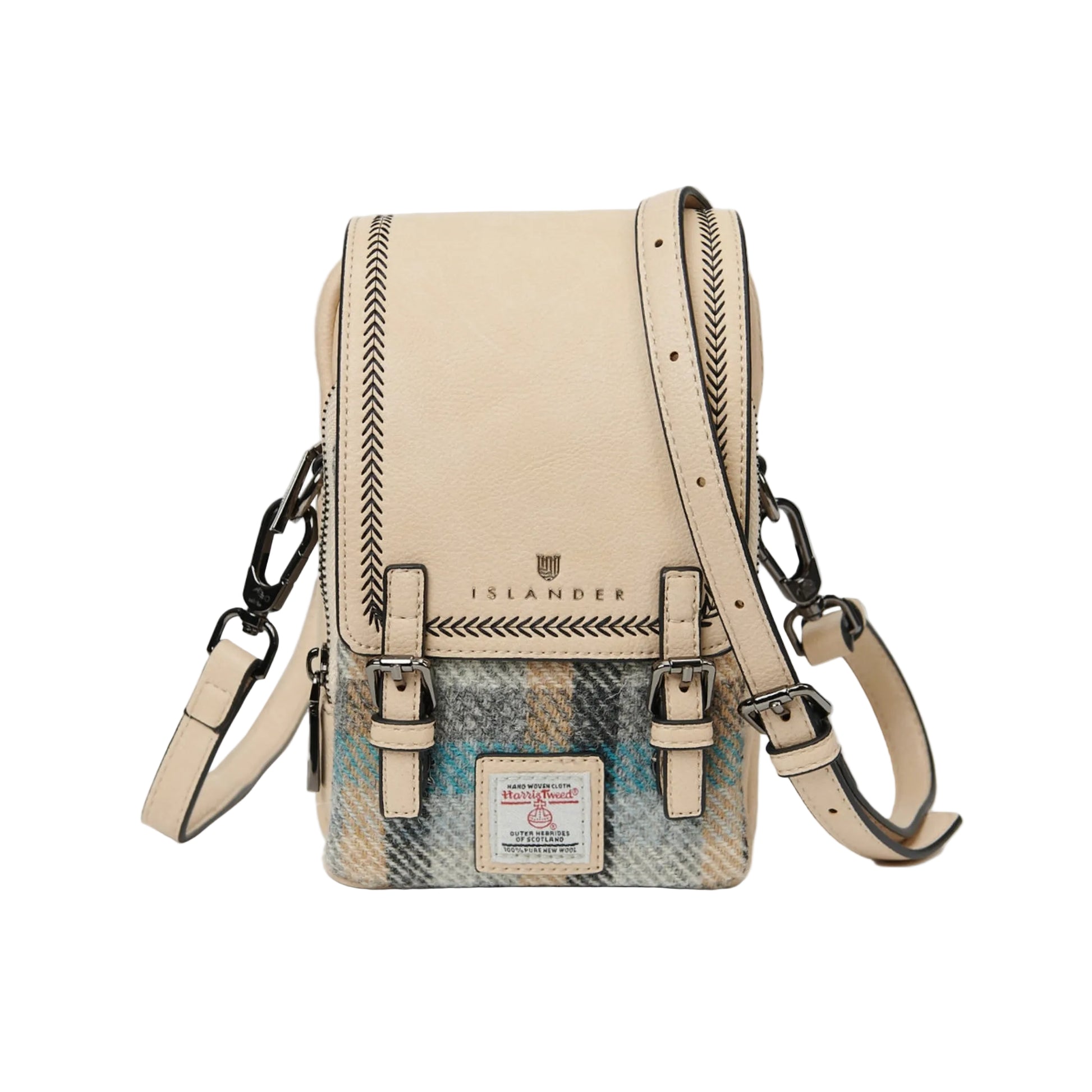 A green Baby Jura Crossbody bag made with Harris Tweed and vegan leather, featuring multiple pockets and a detachable strap.