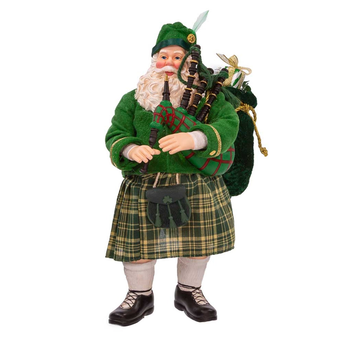 Santa with bagpipes in green Scottish Tartan