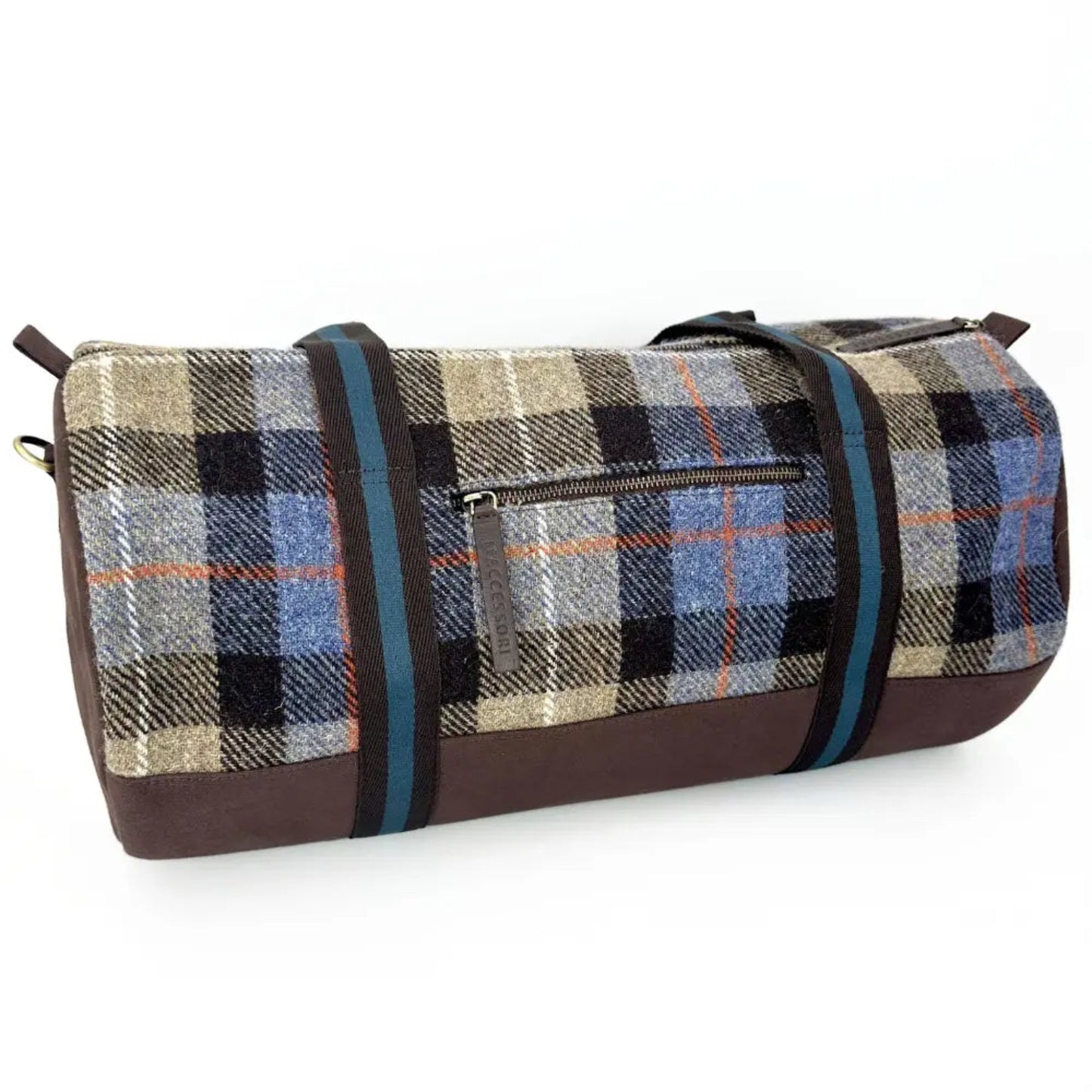 Plaid duffel bag with brown accents on a white background