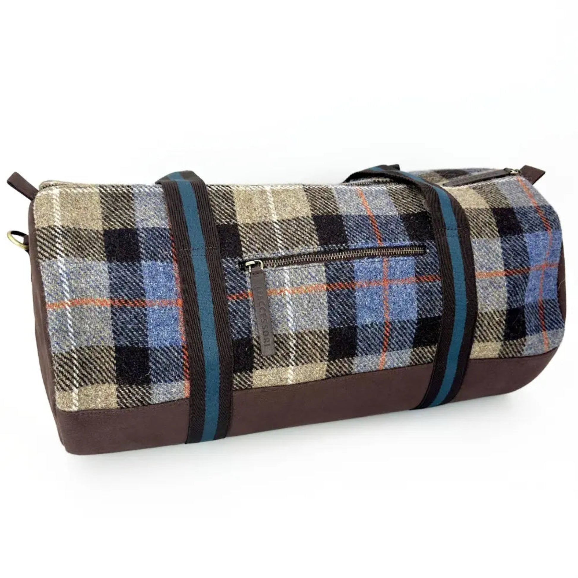 Plaid duffel bag with brown accents on a white background