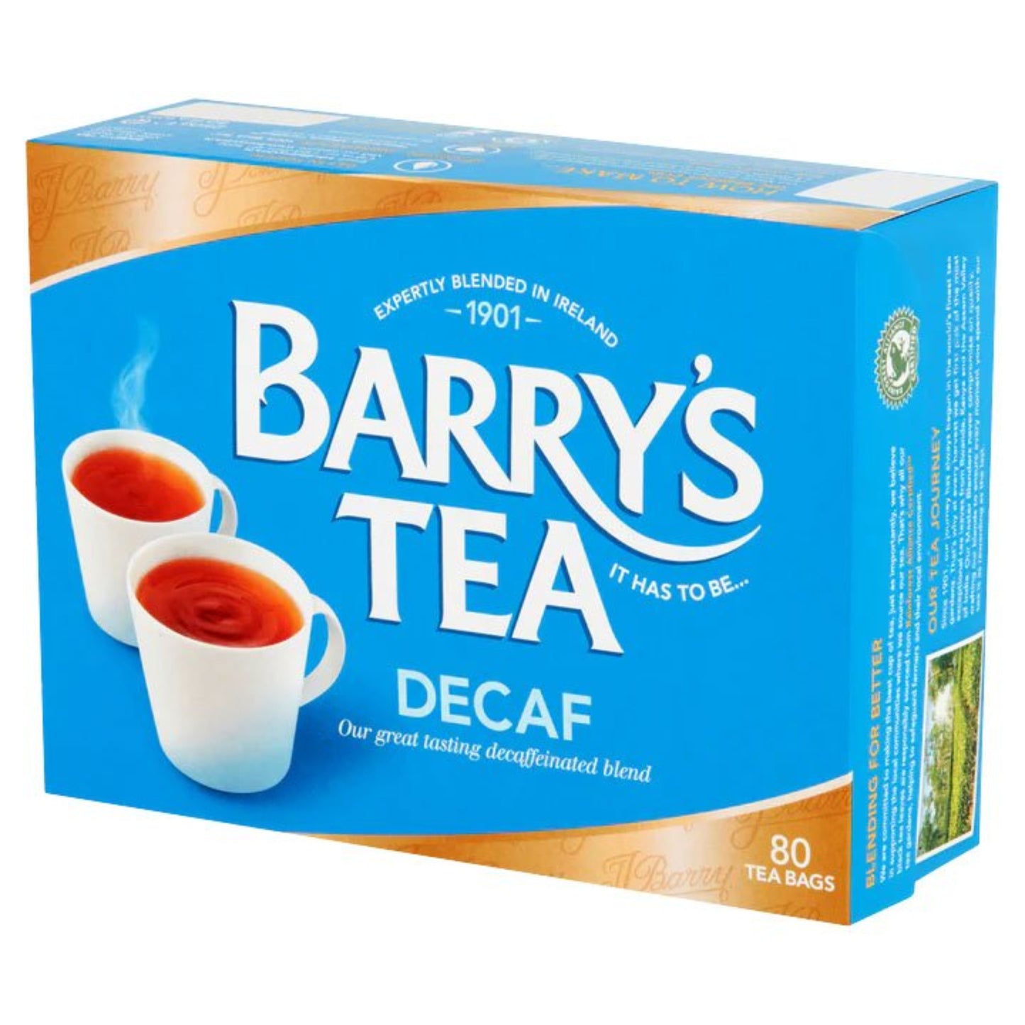 Box of Barry's Decaf tea with blue and orange design