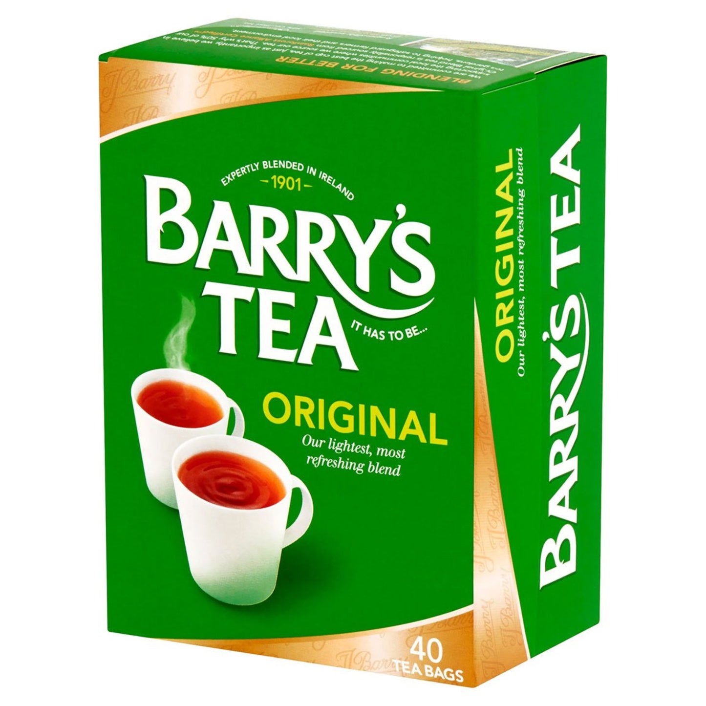 Barry's Tea box with green and white design on a white background