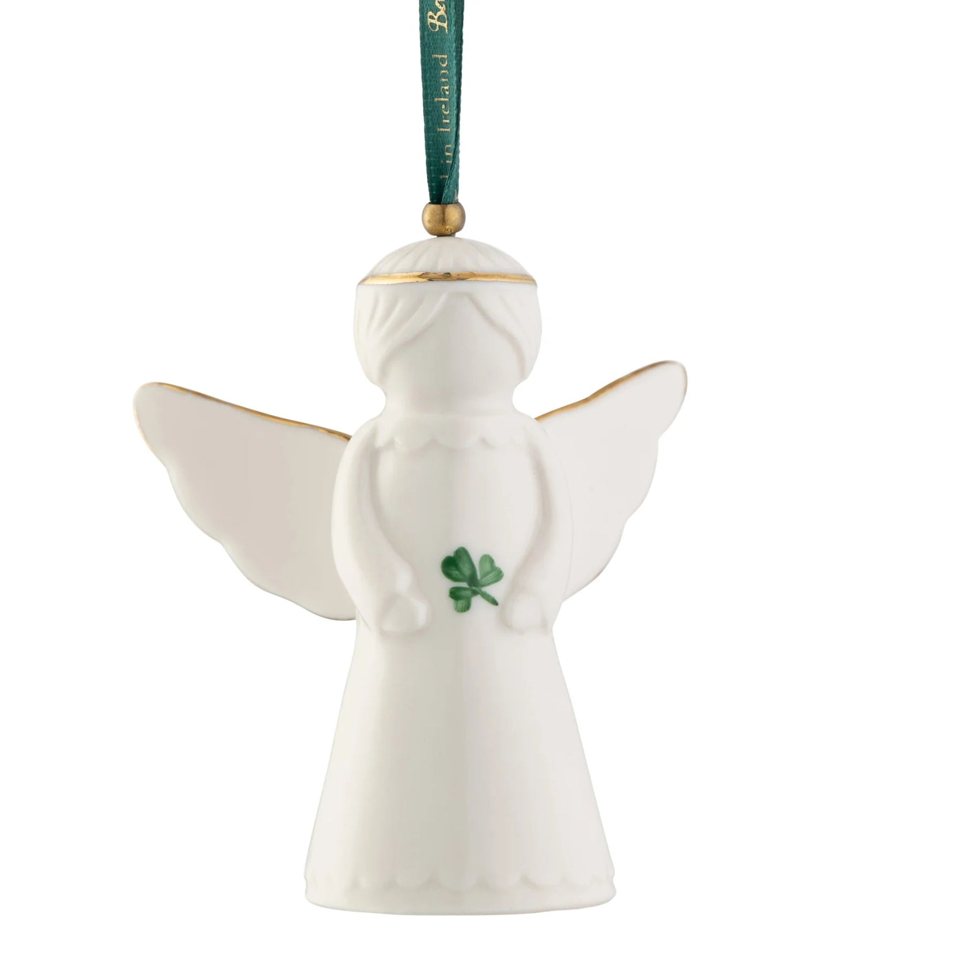 White angel ornament with a shamrock on a white background