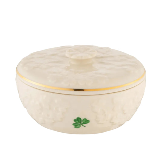 Belleek Classic Field of Shamrocks Trinket Box with gold stripe and shamrock