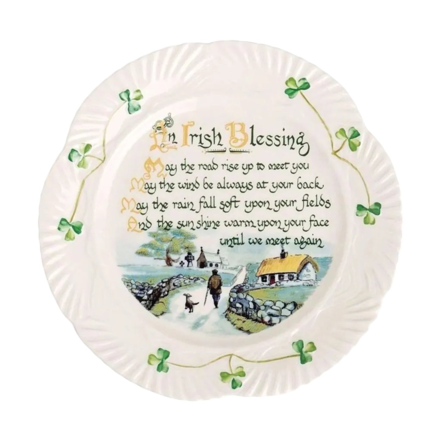 Decorative plate with an Irish blessing and a scenic illustration on a white background