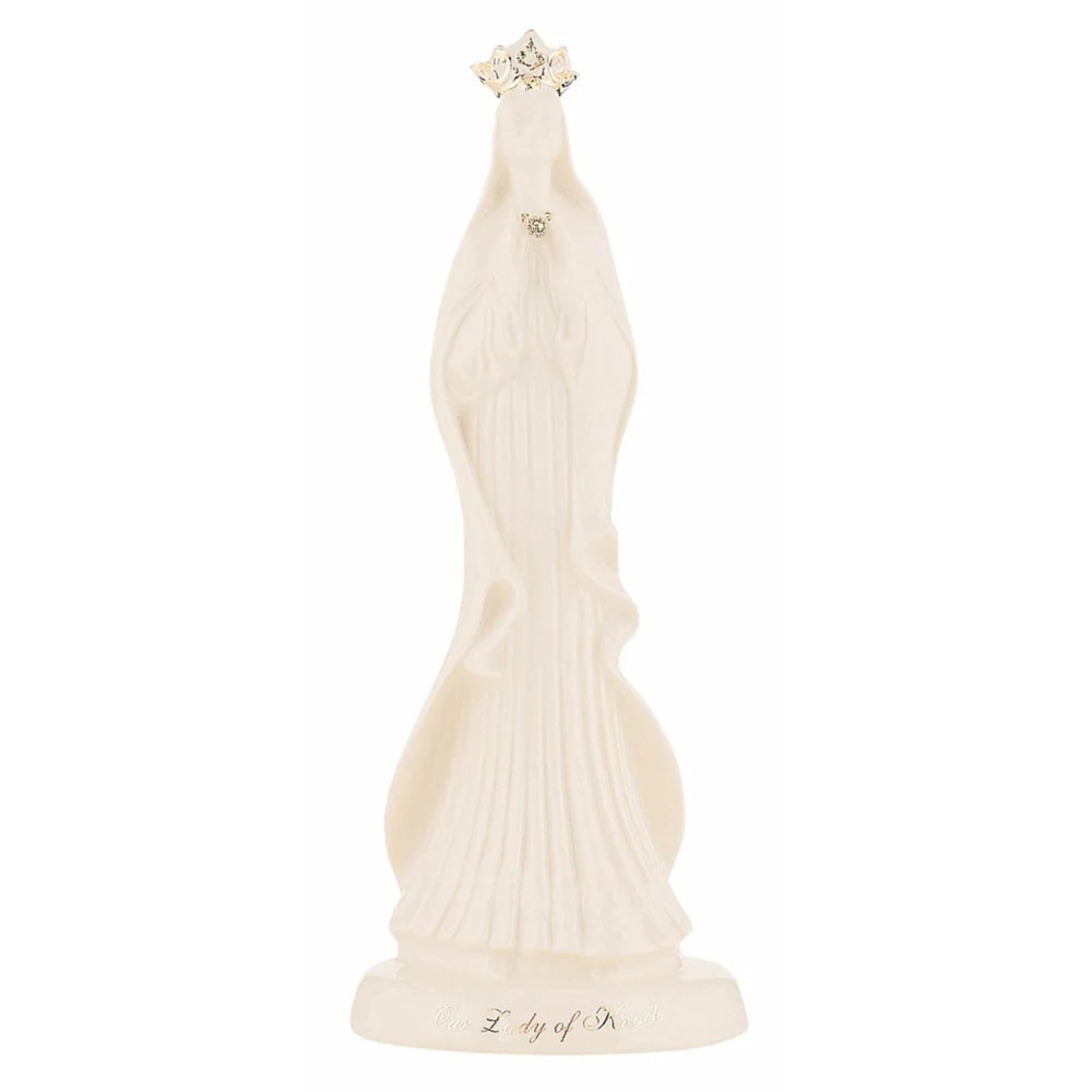 Decorative white sculpture of Holy Mary wearing a golden crown.