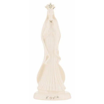 Decorative white sculpture of Holy Mary wearing a golden crown.