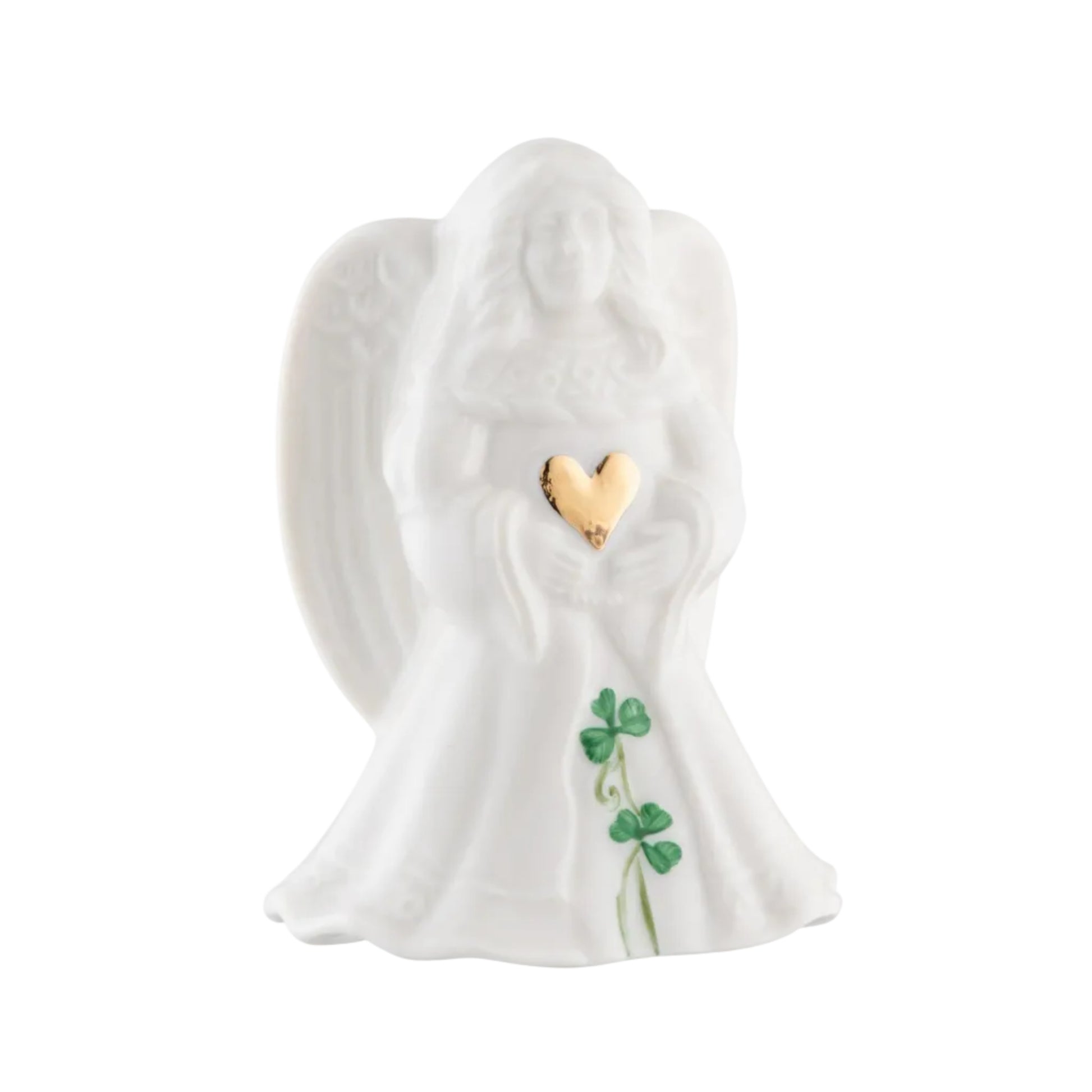 A white ceramic angel figurine with a gold heart and green shamrock design.