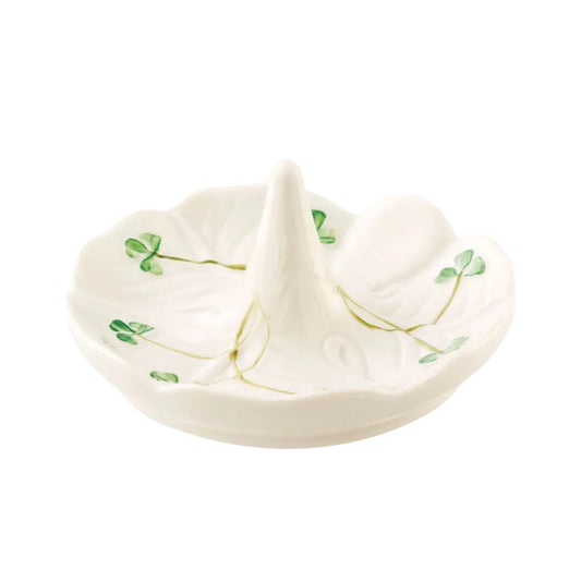 White ceramic round white ring holder with green shamrocks