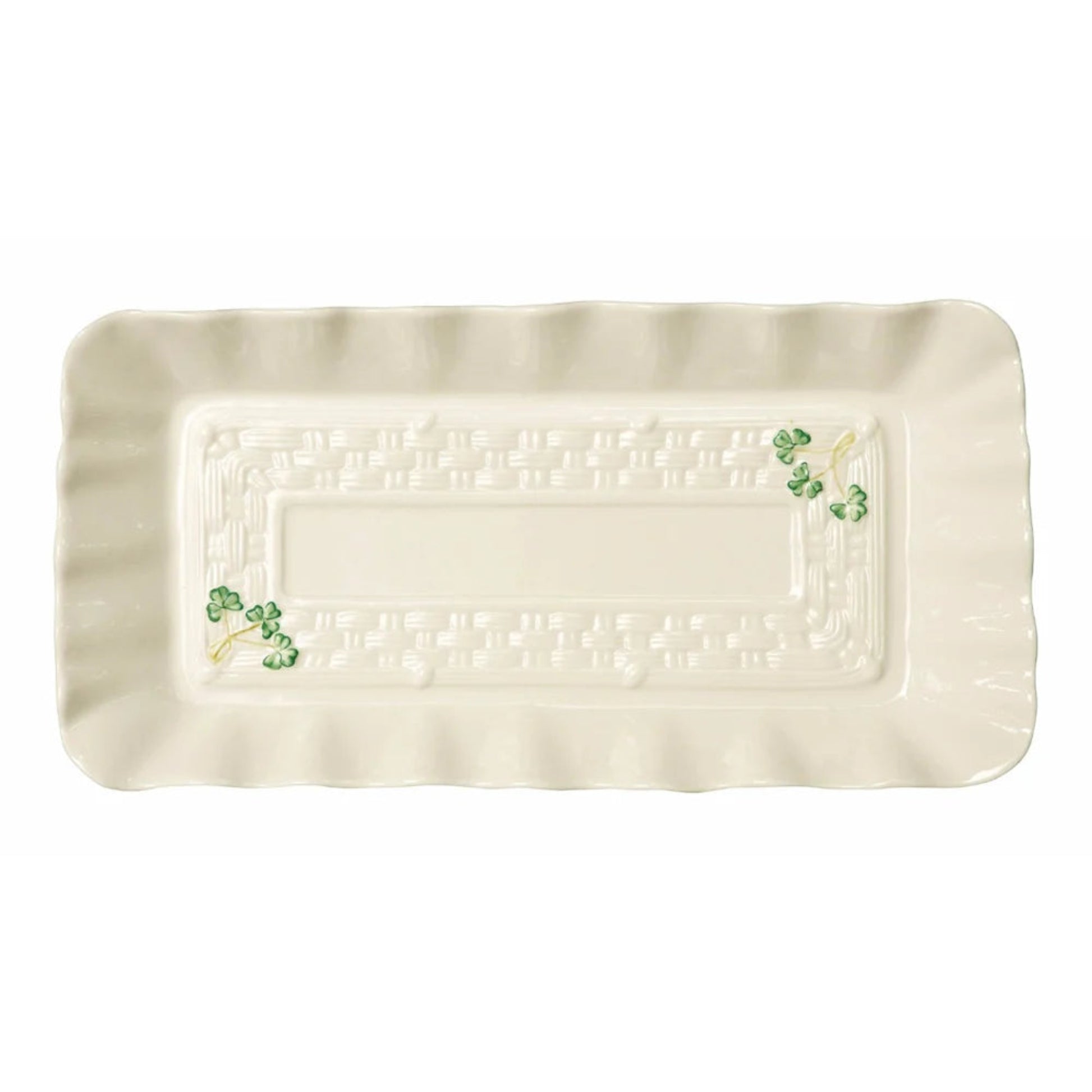 Rectangular ceramic tray with decorative elements on a white background