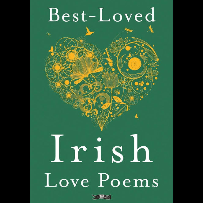 Cover of 'Best-Loved Irish Love Poems' featuring decorative heart-shaped design with floral motifs and butterflies on a green background.