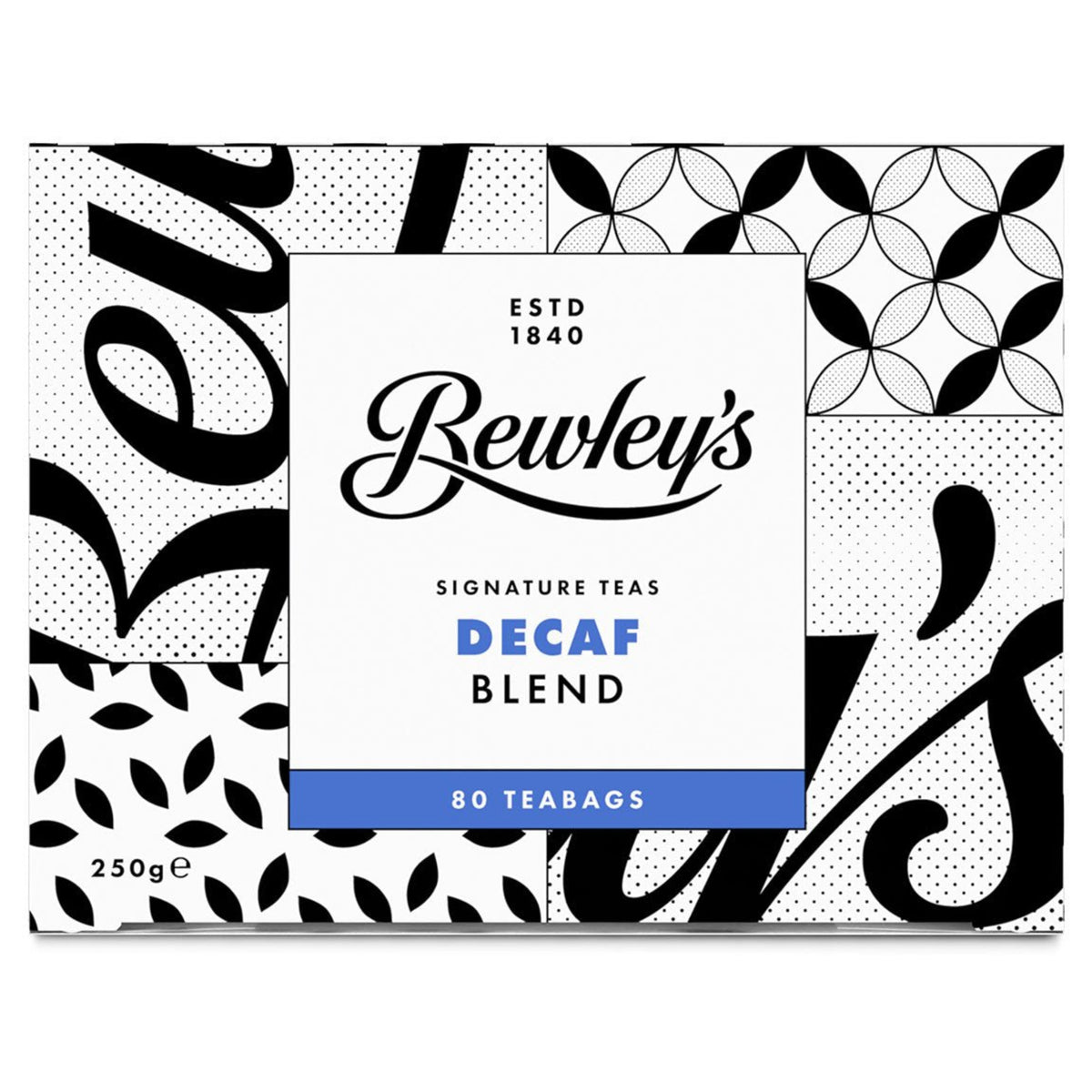 Bewley's Decaf Blend tea packaging with decorative black and white patterns on a white background