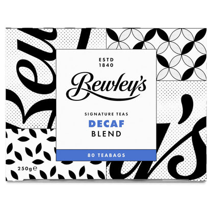 Bewley's Decaf Blend tea packaging with decorative black and white patterns on a white background