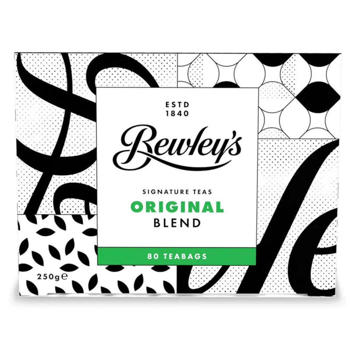 Bewley's tea packaging with black and white leaf design