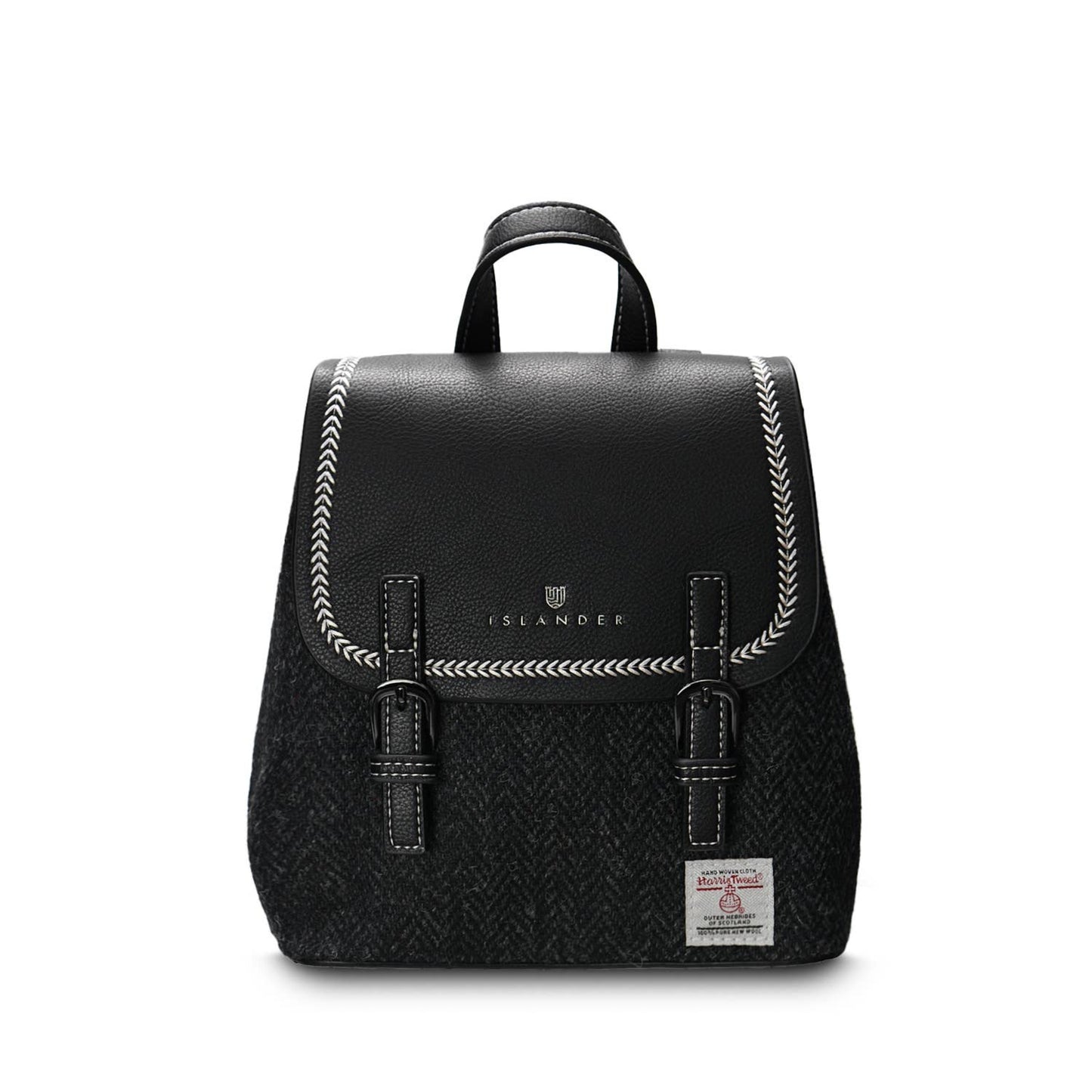 A black Mini Jura backpack with a PU leather body and a Harris Tweed front panel, featuring a magnetic clasp, hidden zip pocket, reinforced handle, and adjustable shoulder straps.