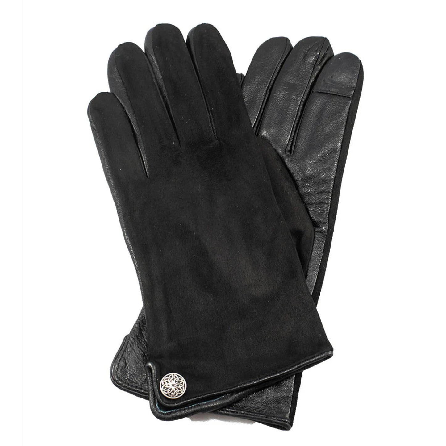 Pair of black leather gloves with a decorative button on a white background