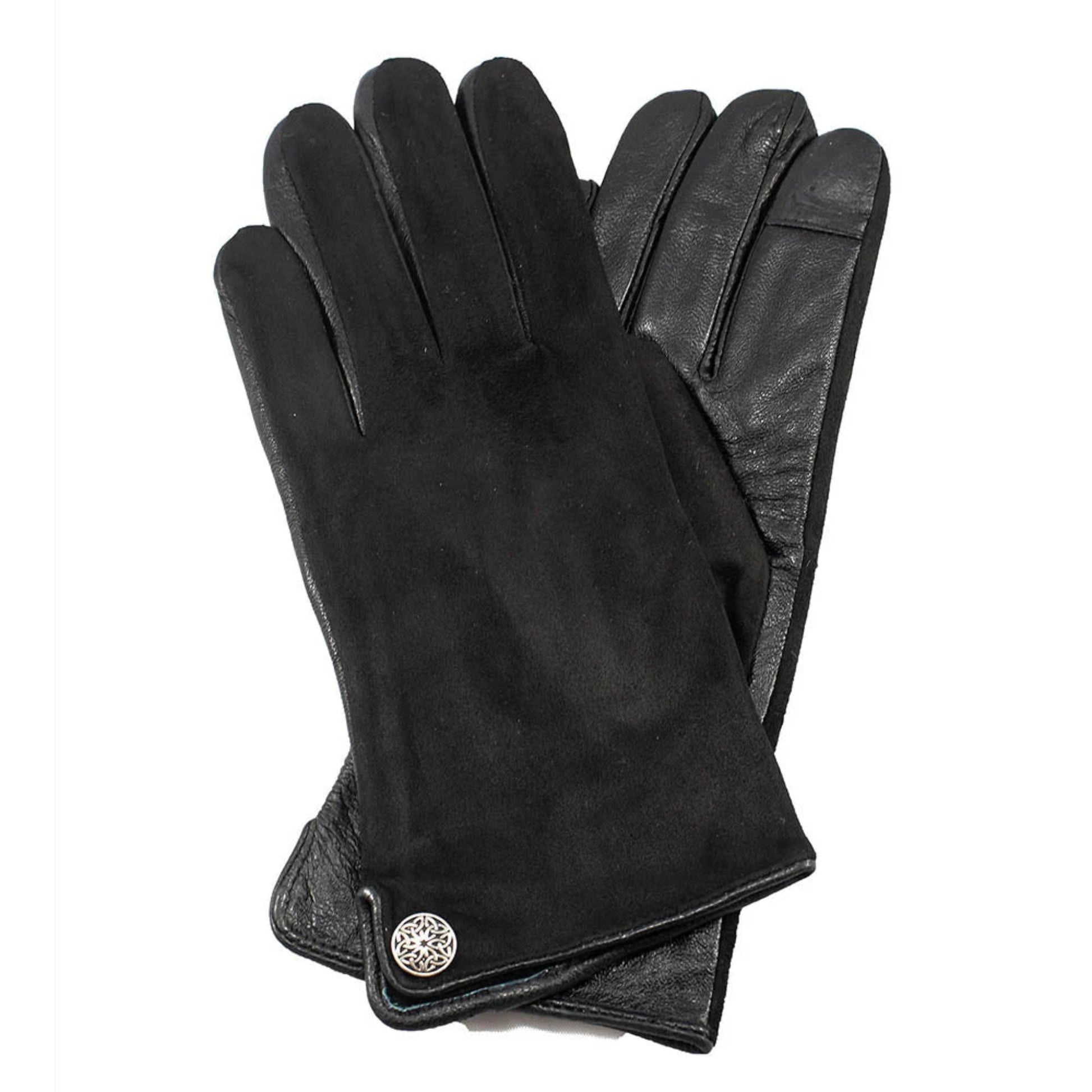 Pair of black leather gloves with a decorative button on a white background