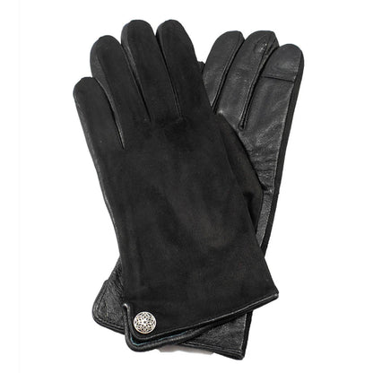 Pair of black leather gloves with a decorative button on a white background