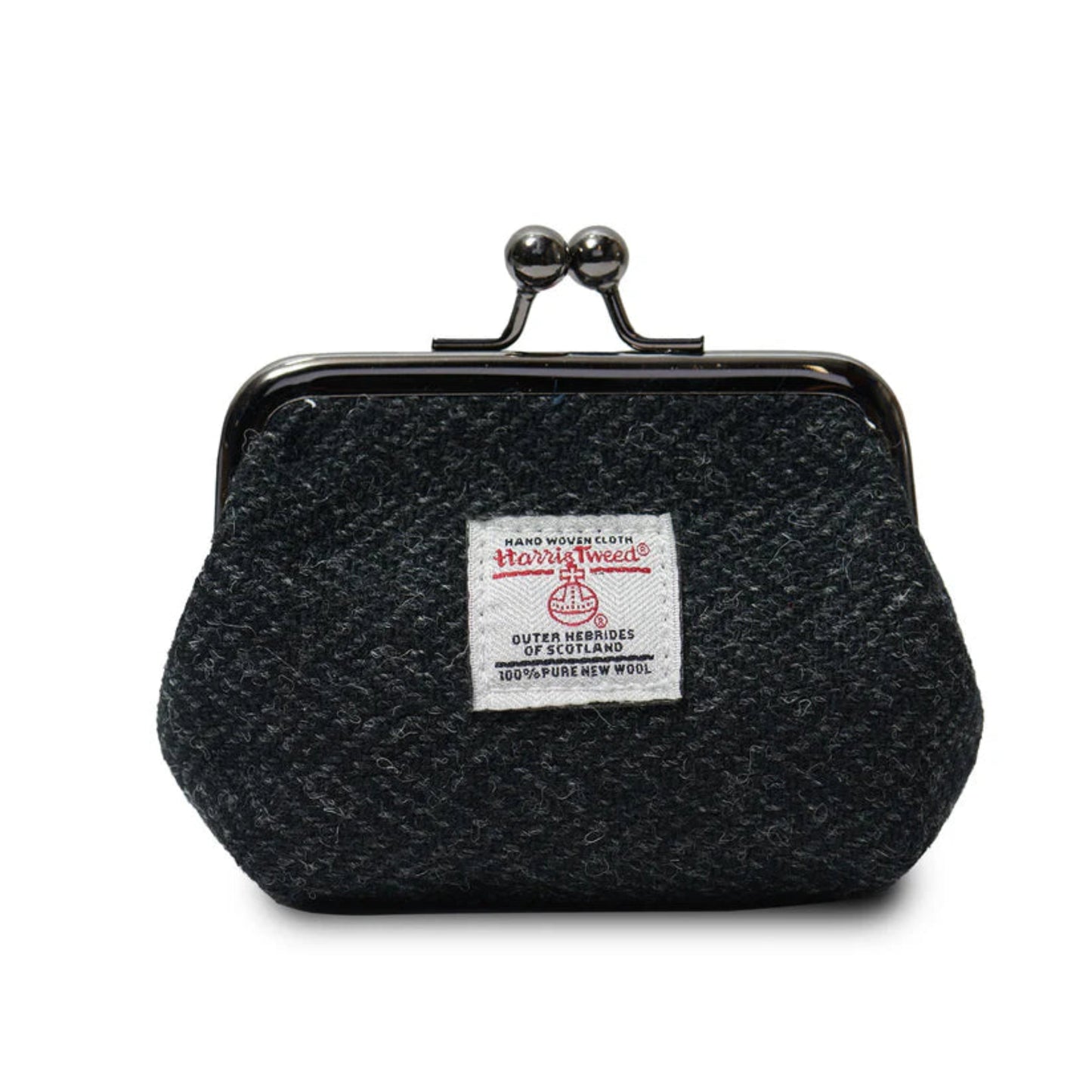 Black tweed coin purse with a label on a white background