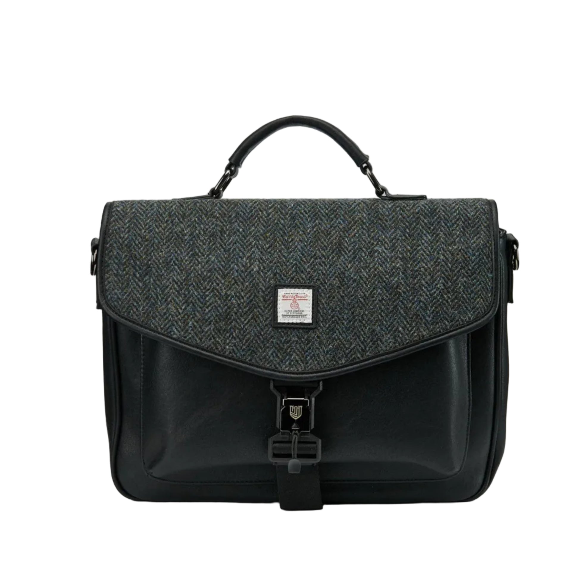 A black laptop bag with a Harris Tweed lid and PU body, featuring an adjustable and detachable strap.