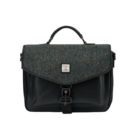 A black laptop bag with a Harris Tweed lid and PU body, featuring an adjustable and detachable strap.