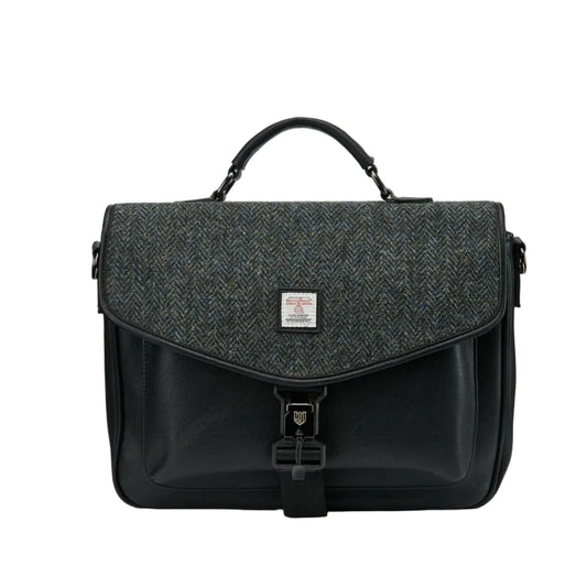 A black laptop bag with a Harris Tweed lid and PU body, featuring an adjustable and detachable strap.