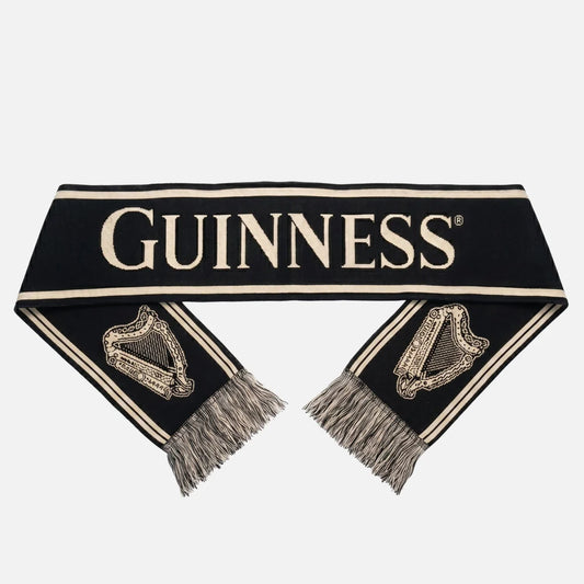 Black scarf with Guinness logo and harp design on a white background