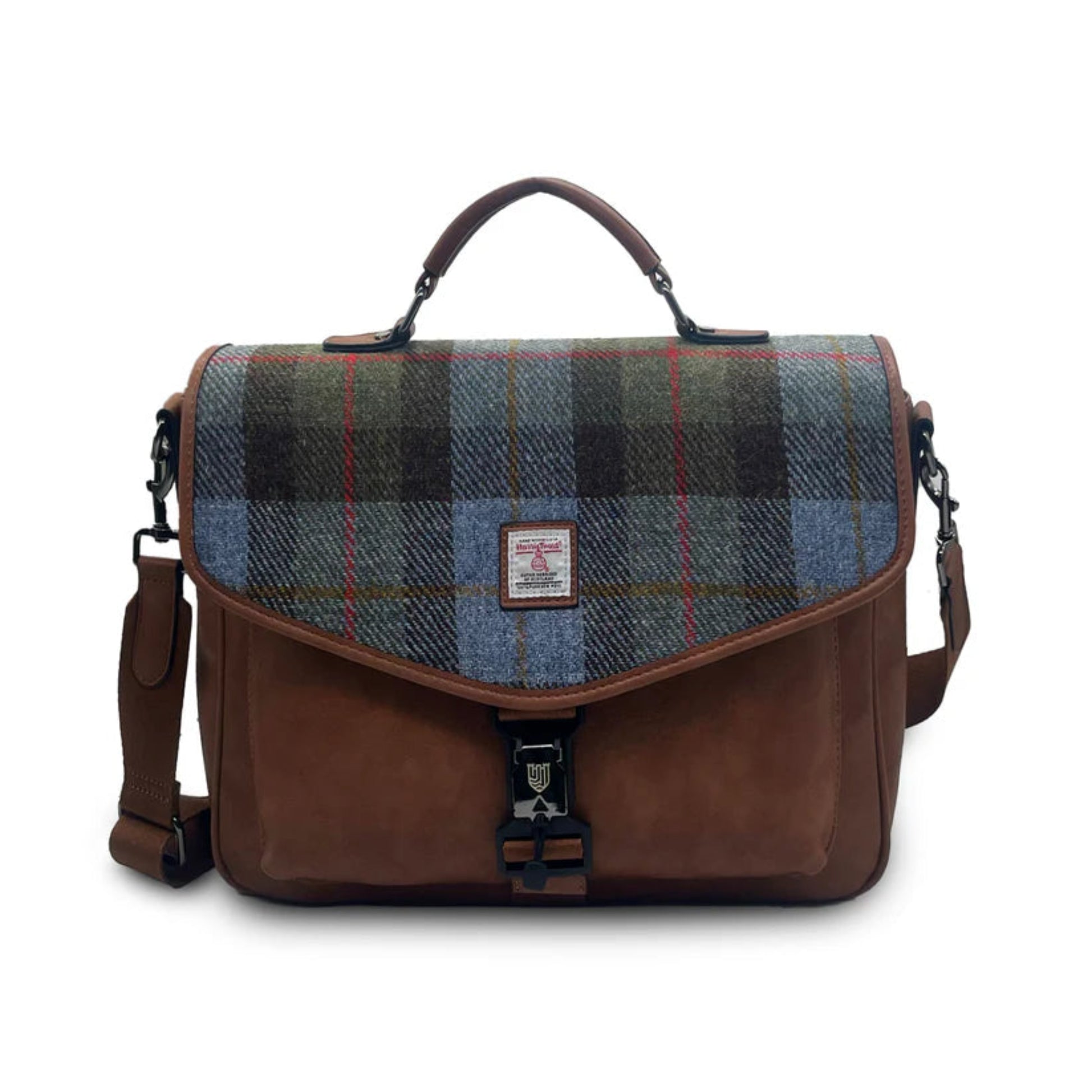 Plaid bag with brown leather accents on a white background