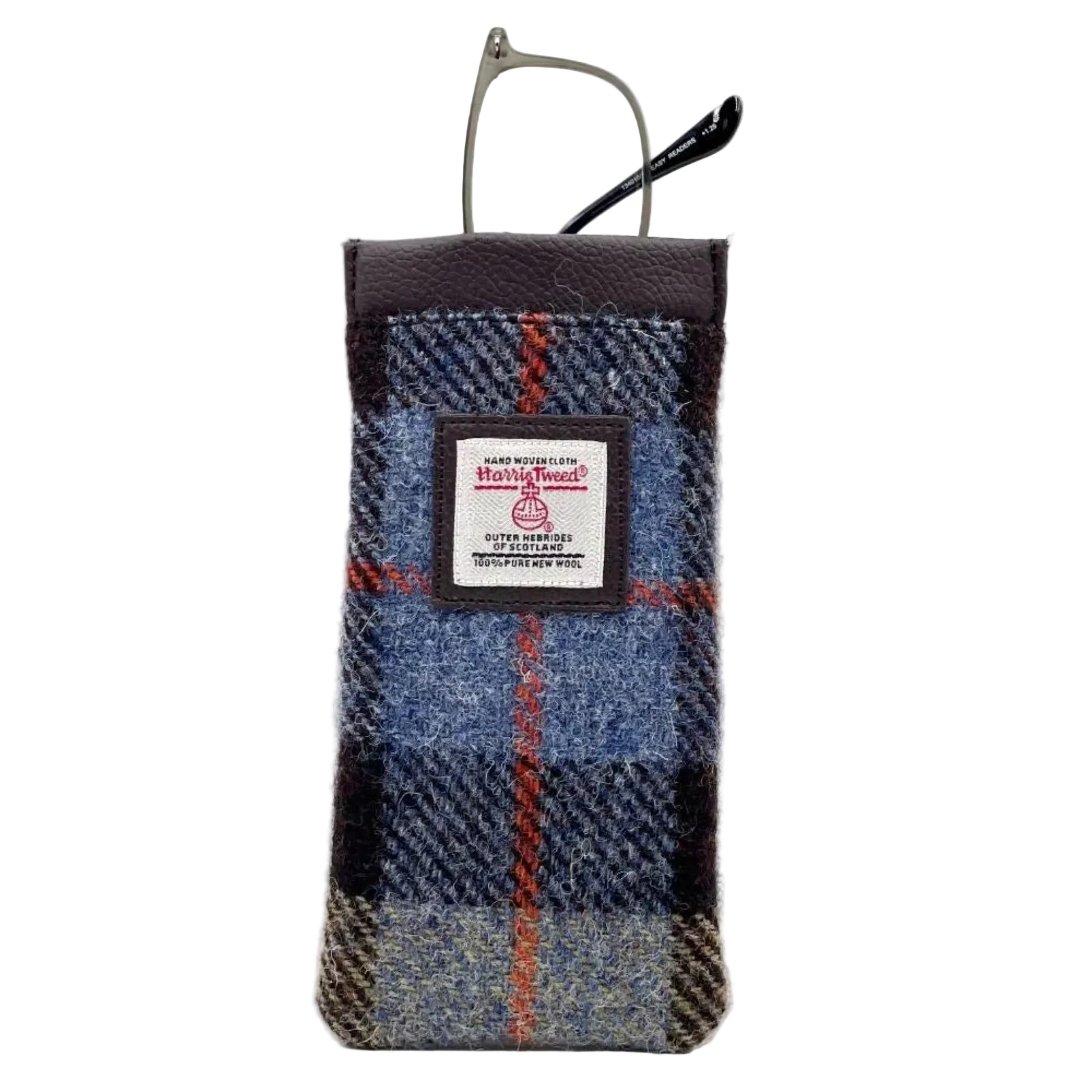 Plaid patterned pouch with a label on a white background