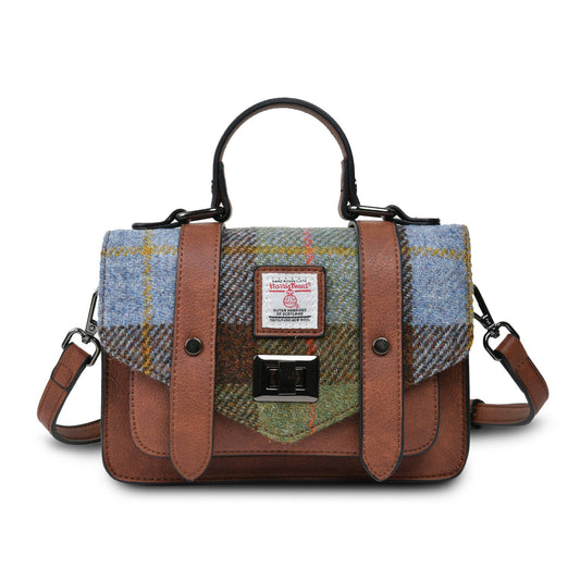 A green and blue mini satchel handbag with microfibre leather and Harris Tweed fabric, featuring a metal twist fastening and an adjustable shoulder strap.