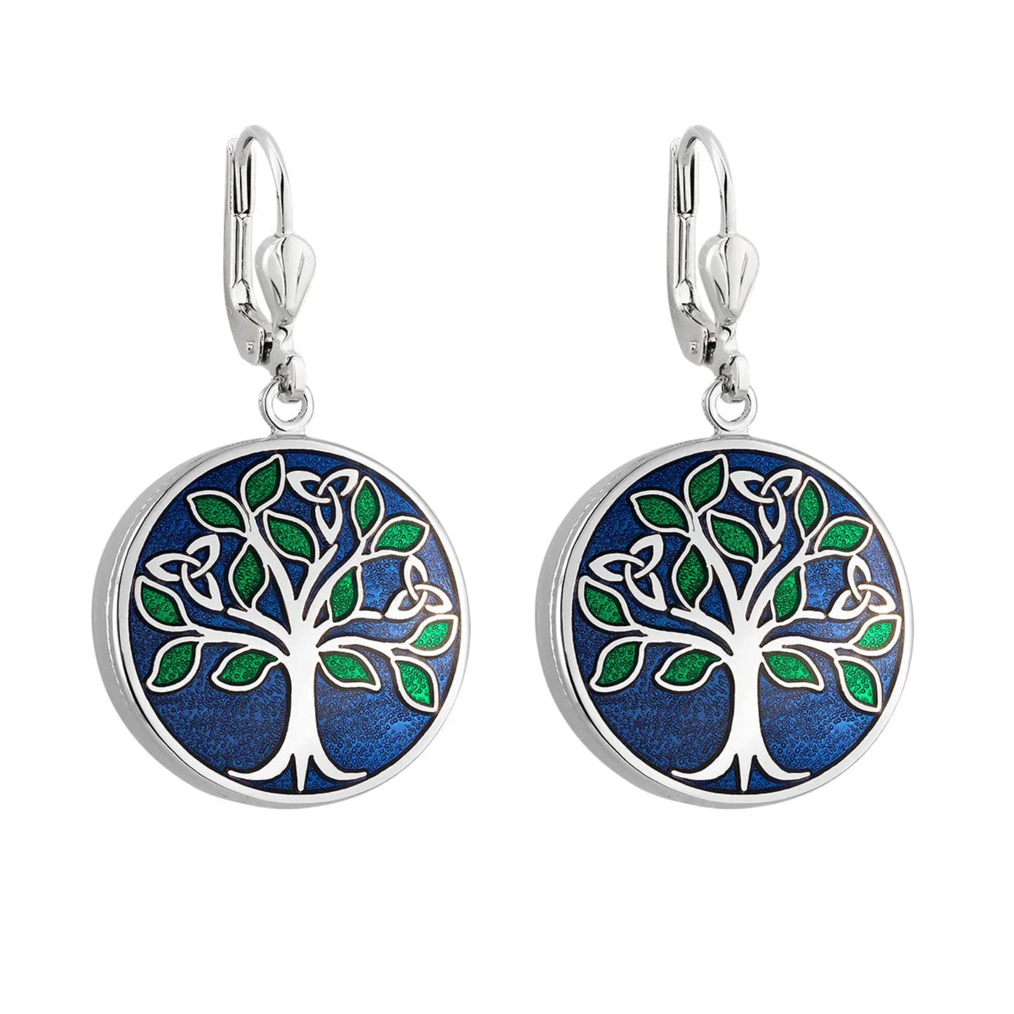 A pair of silver-colored round earrings with blue enamel. Each one depicts a tree with green leaves and trinity knots. 