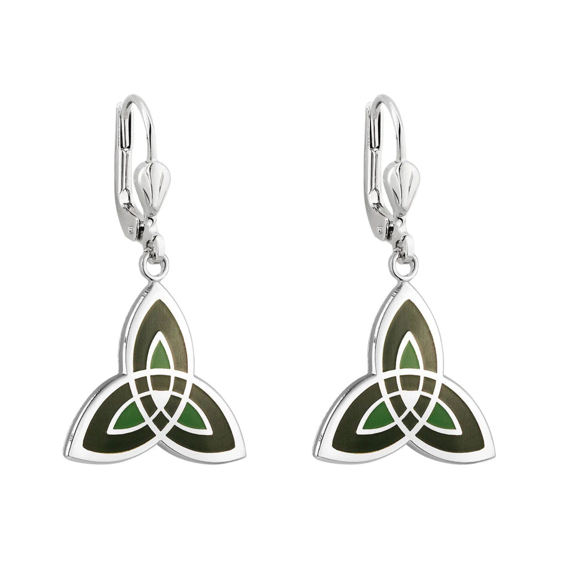 A pair of silver-colored trinity knot earrings with green enamel coloration on the front. 