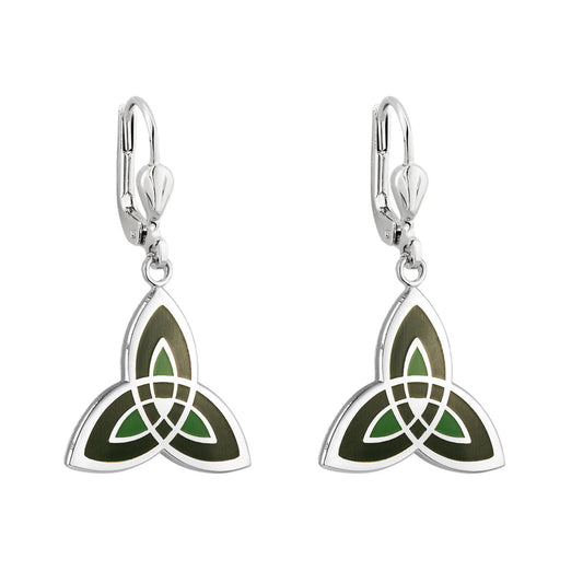 A pair of silver-colored trinity knot earrings with green enamel coloration on the front. 