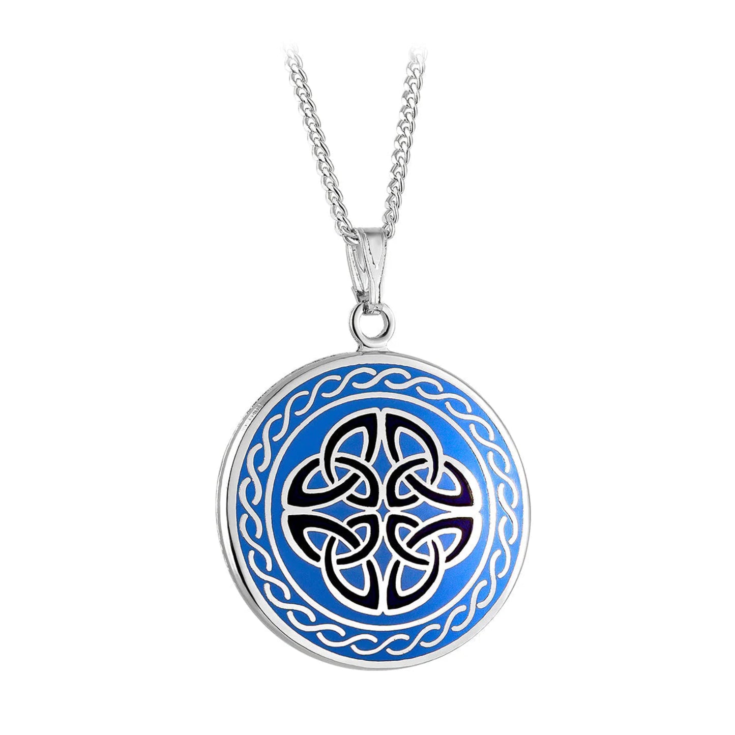 A silver-colored necklace with a round blue enamel pendant. Has a celtic knot design.