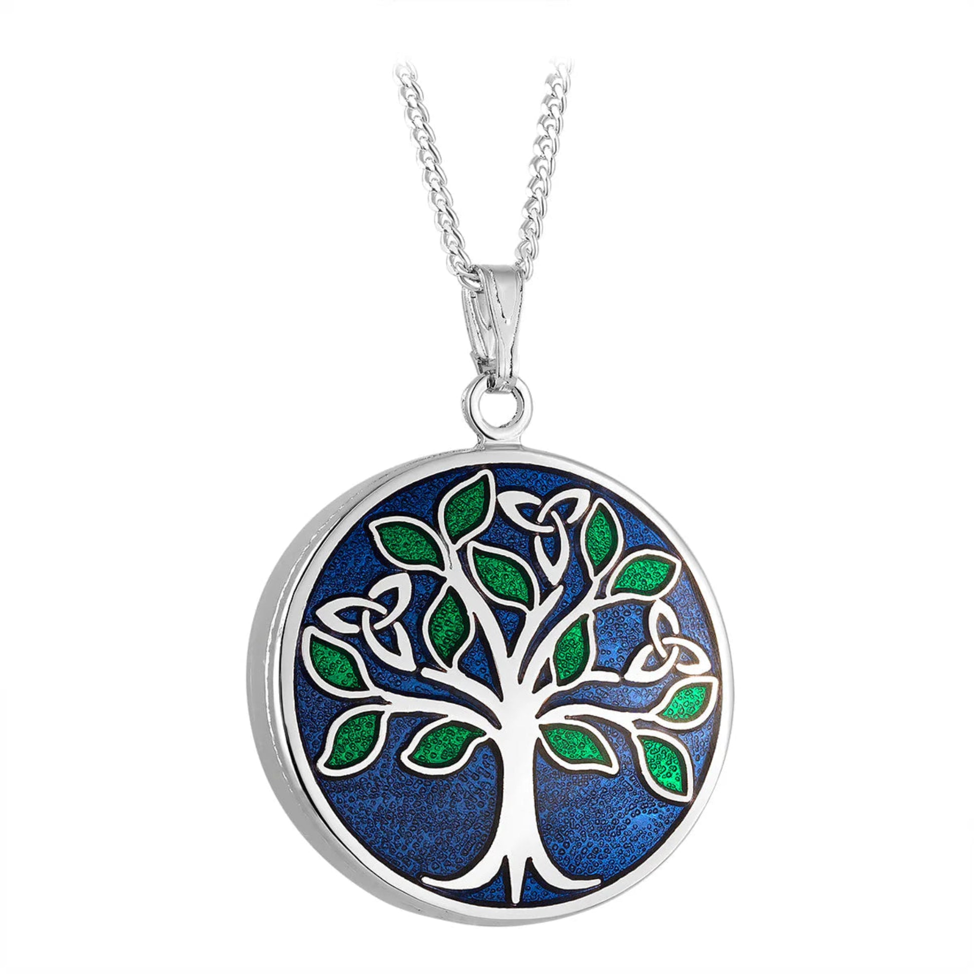 A silver-colored necklace with a round blue enamel pendant. Depicts a silver tree of life with green leaves and trinity knots.
