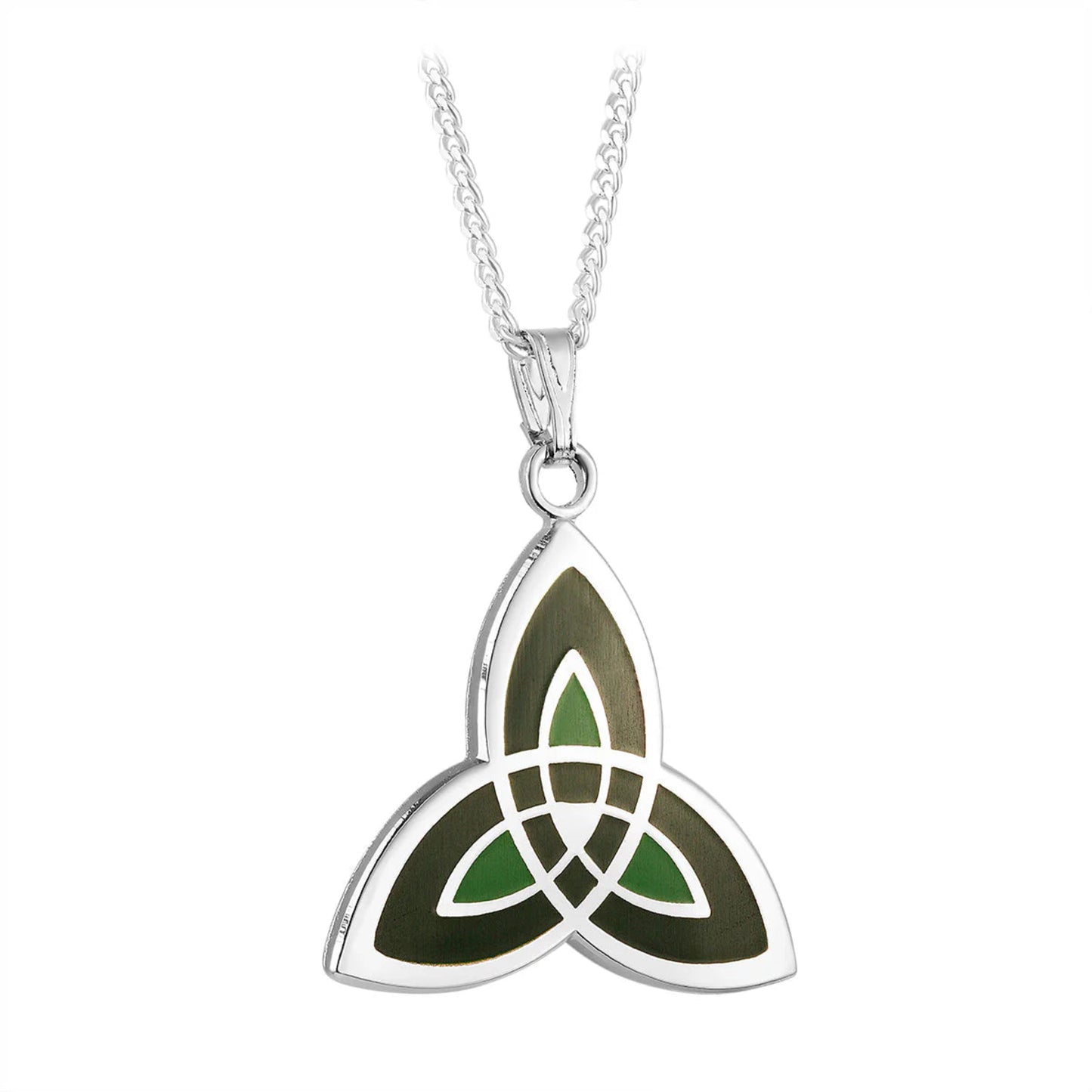 A silver-colored necklace with a green enamel trinity knot pendant. 