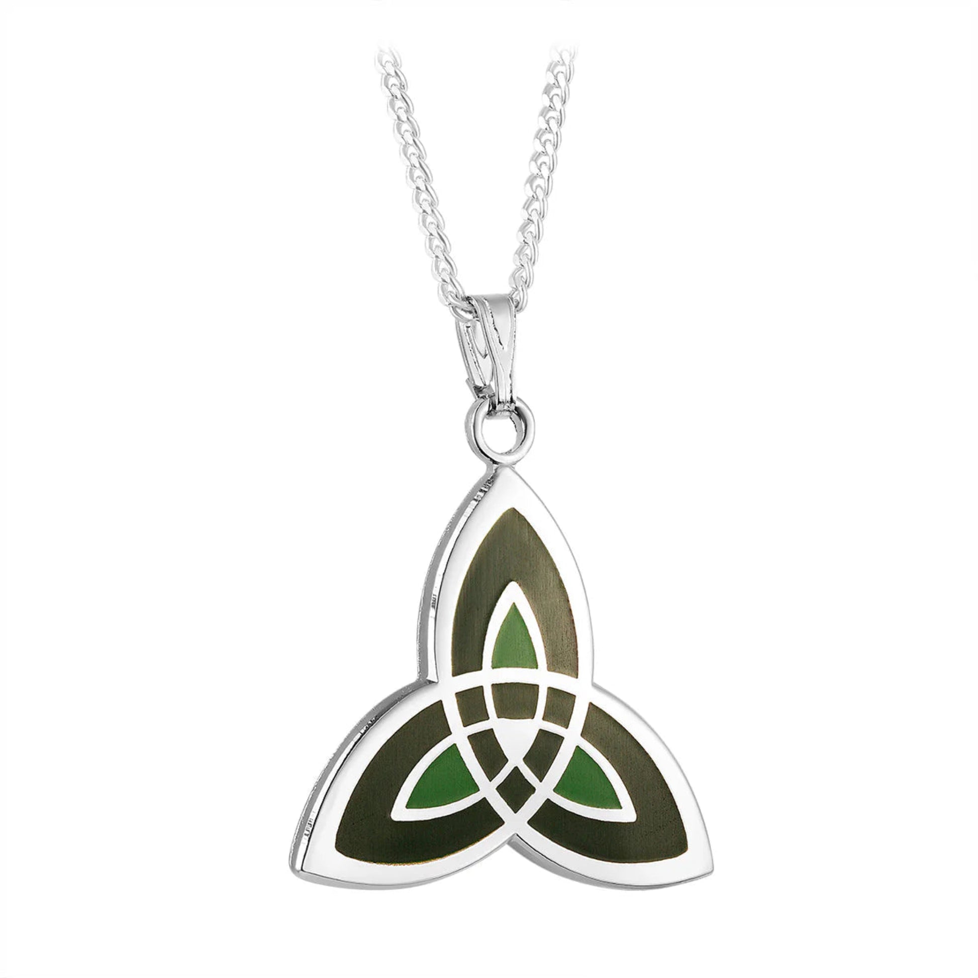 A silver-colored necklace with a green enamel trinity knot pendant. 