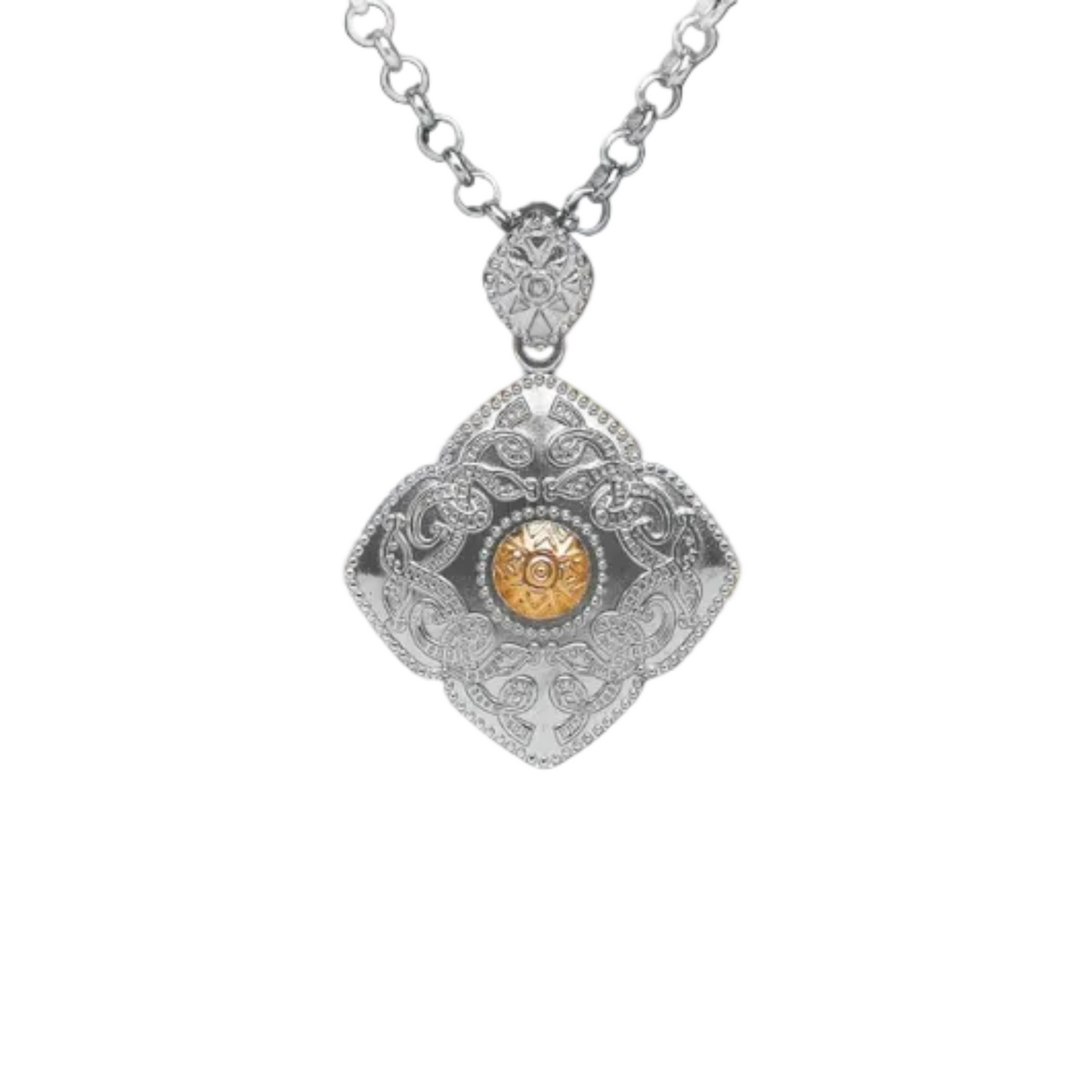 A silver necklace with a unique diamond-shaped pendant, intricately carved with a gold bead in the center.