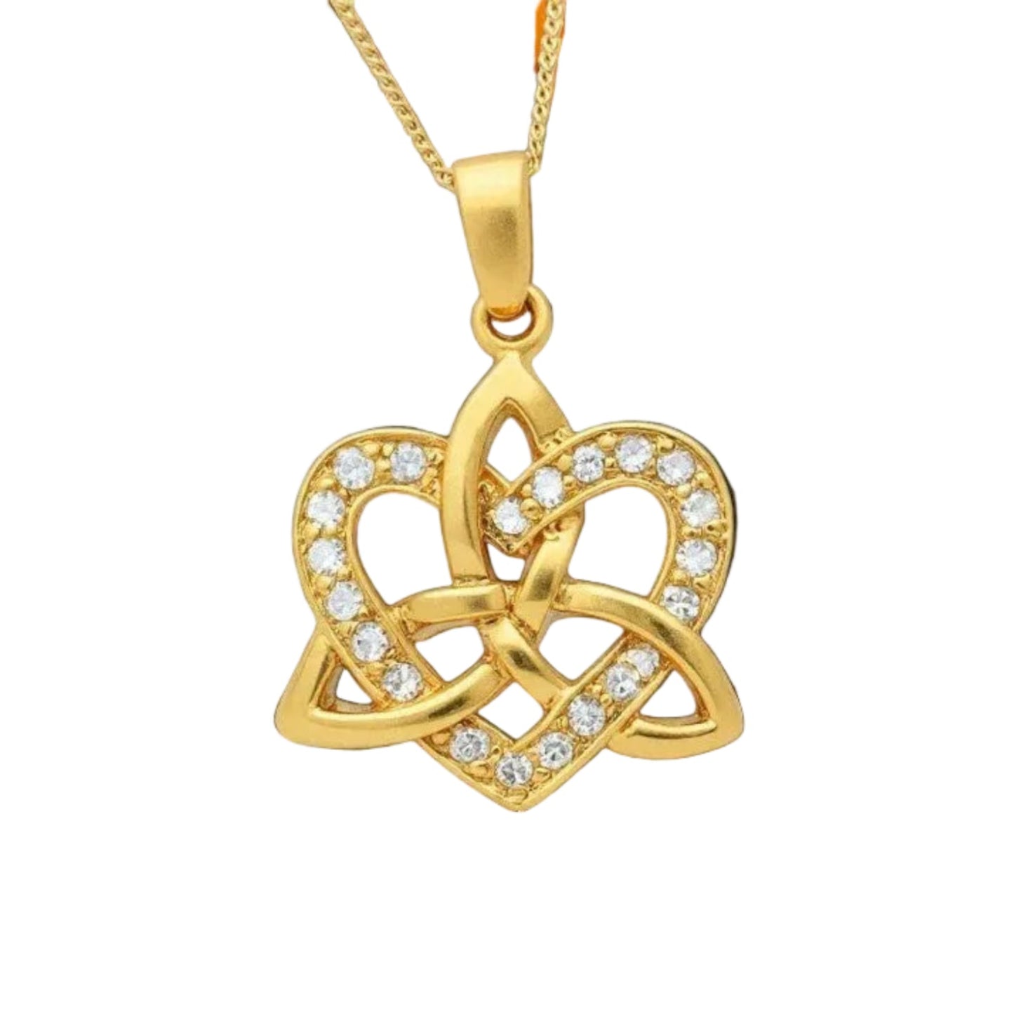 Golden pendant with an interlocking heart and trinity knot on a chain necklace.