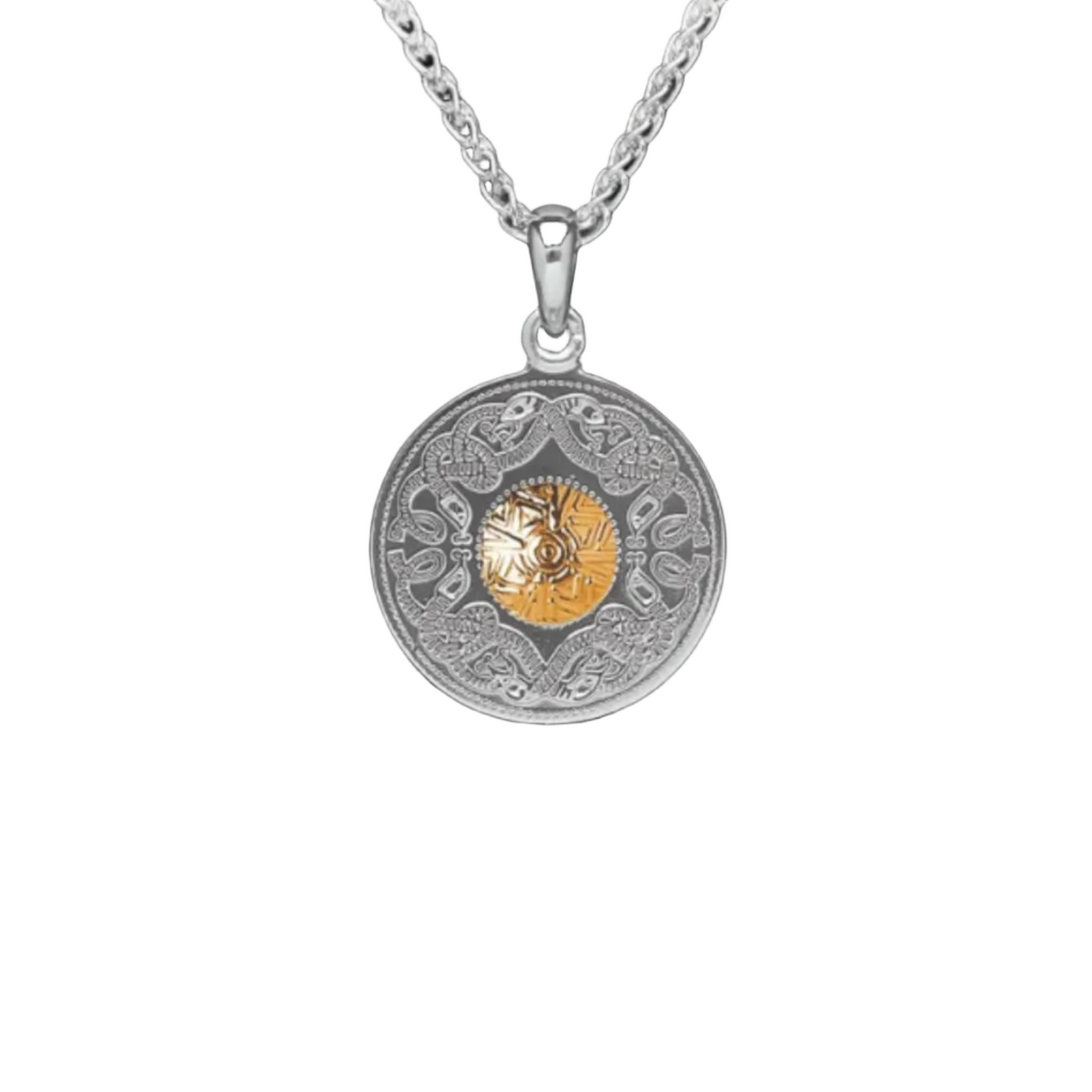 A necklace with a silver pendant. The pendant is intricately carved with twisting Celtic serpents. There is a gold bead in the center.